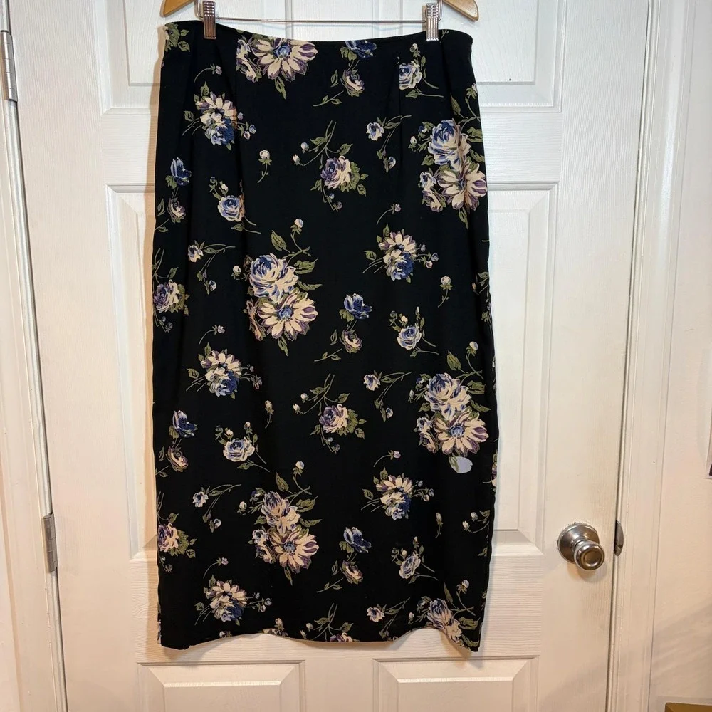 Dark Romance Fairy Goth Vintage 90s Black Floral Straight Maxi Skirt‎ XL Flowy